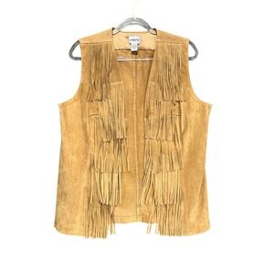 Chicos Womens Tan Suede Leather Fringe Vest Western Boho Tiered Size 2 Large